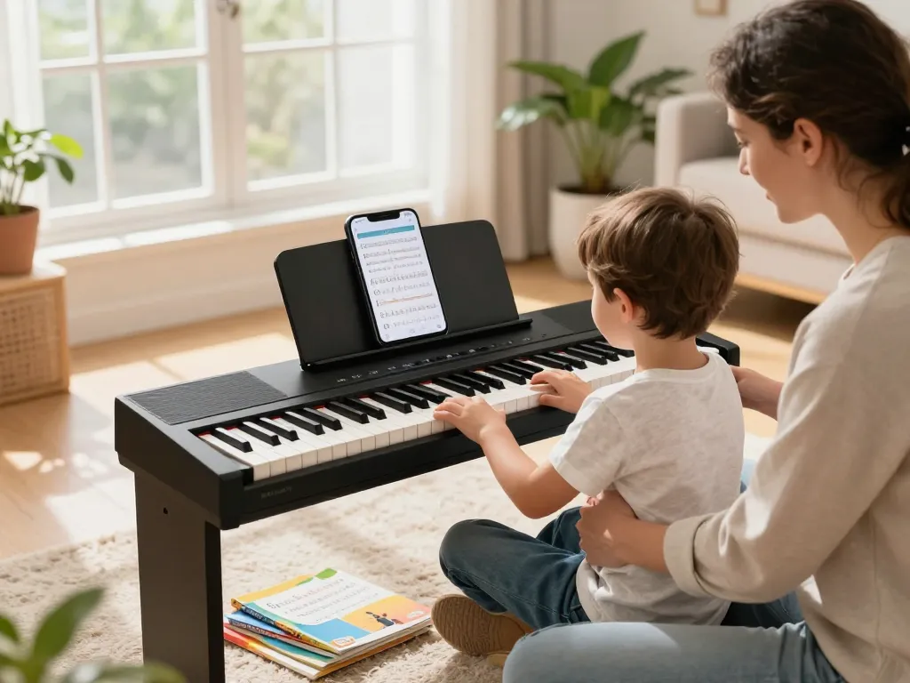 A young beginner enjoying a music lesson on the digital piano go 88 in a cozy living room with sunlight streaming through the window.