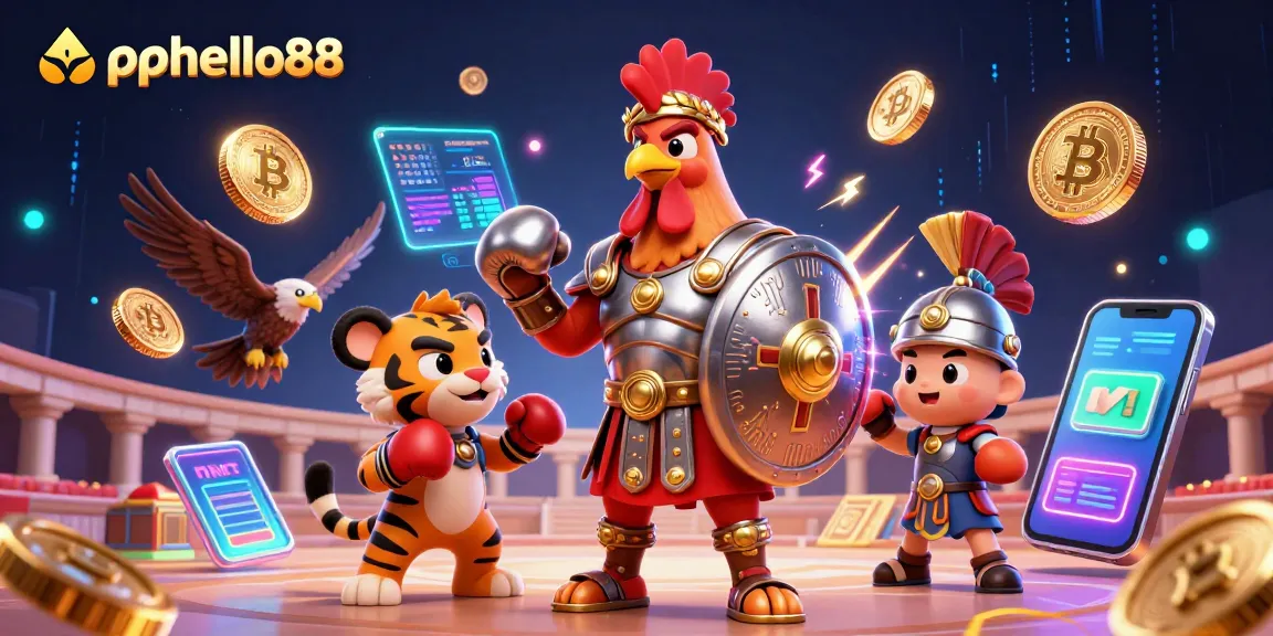 Engage with apphello88's dynamic gambling experience featuring cartoon gladiators and vibrant crypto elements.