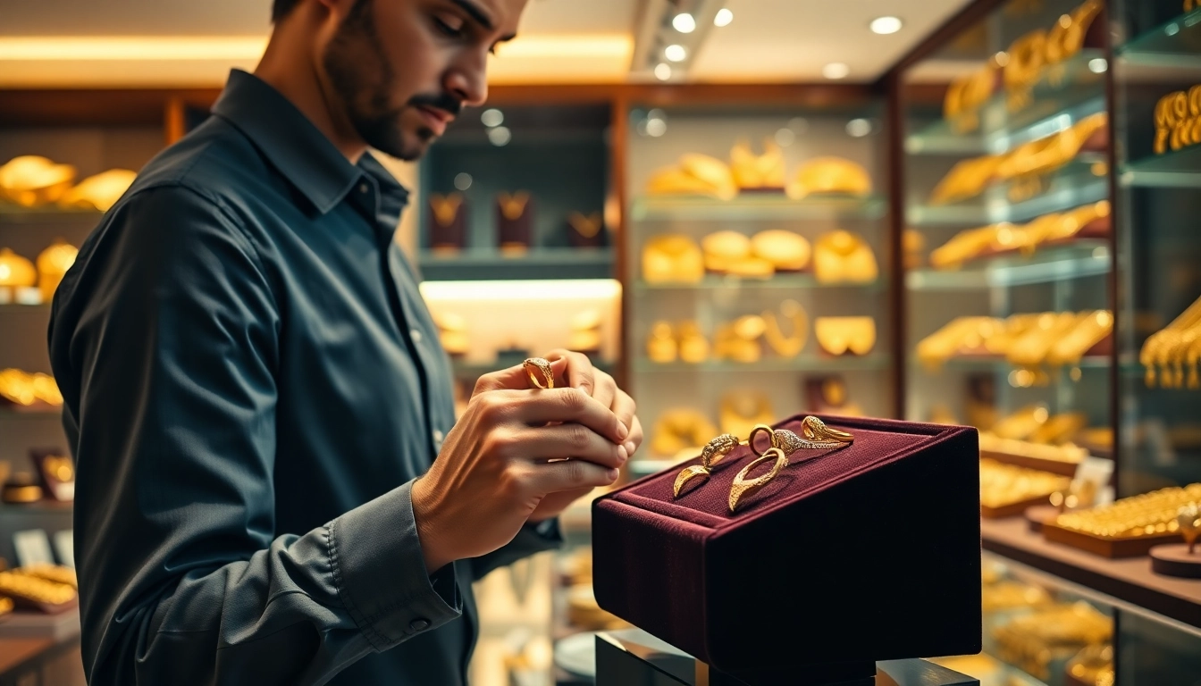 Valutazione di compro oro in un negozio di gioielli con bijoux scintillanti.