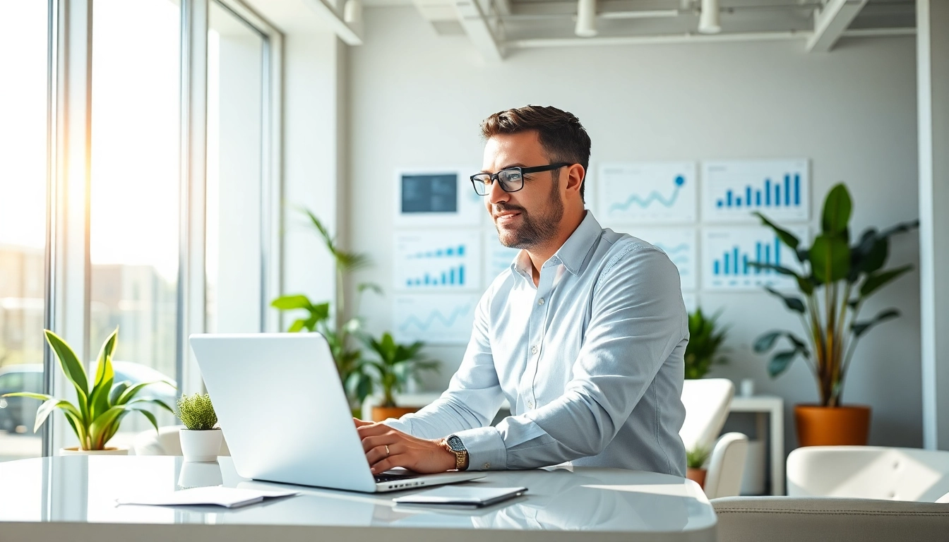 Marketing Consultant reviewing strategies in a modern office with digital analytics.
