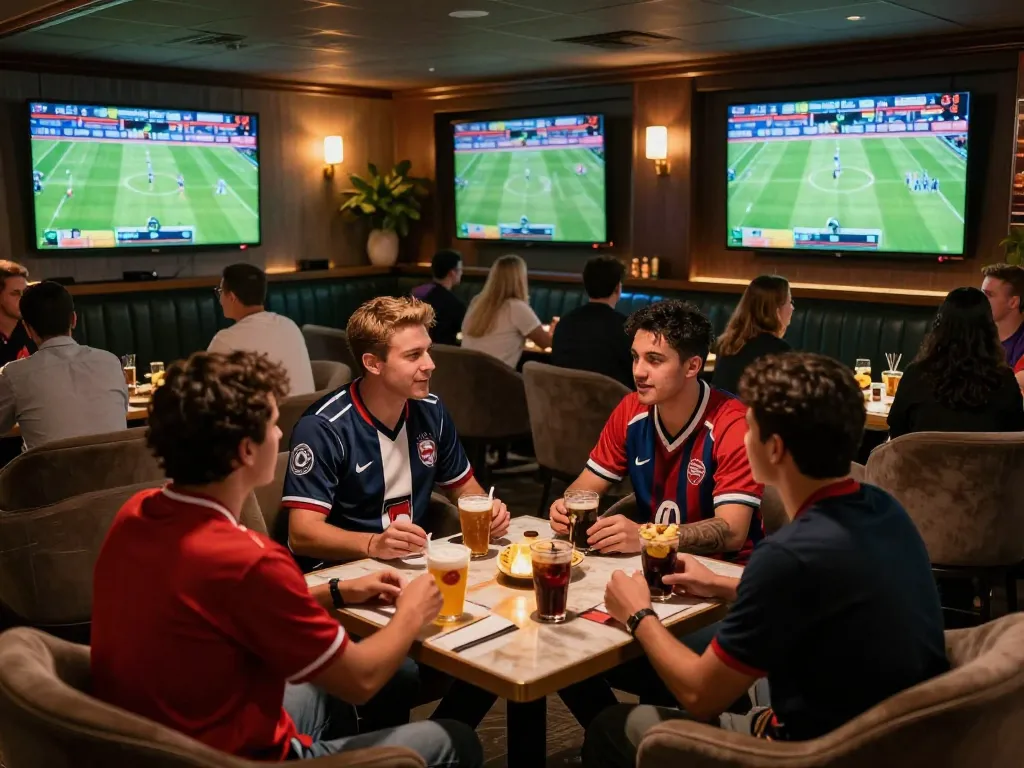 Betting enthusiasts analyzing odds and discussing strategies at a lively keonhacai sports lounge.