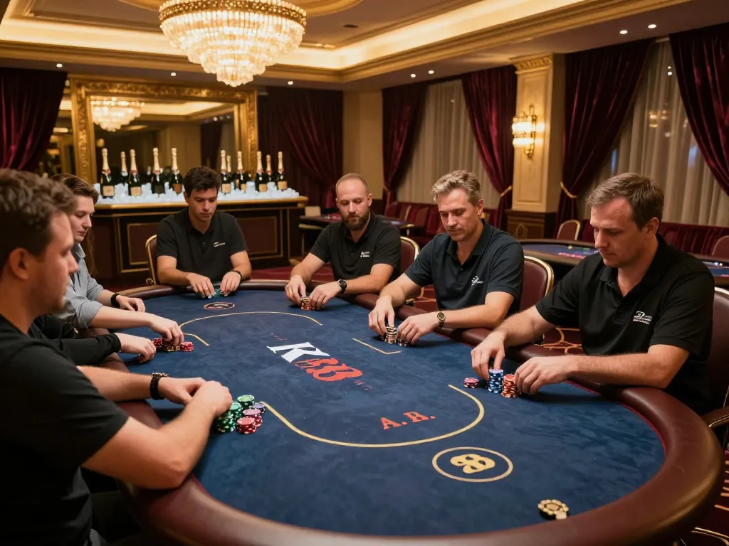 Experience the thrill of KP88 VIP gaming with players enjoying high-stakes poker in an upscale casino