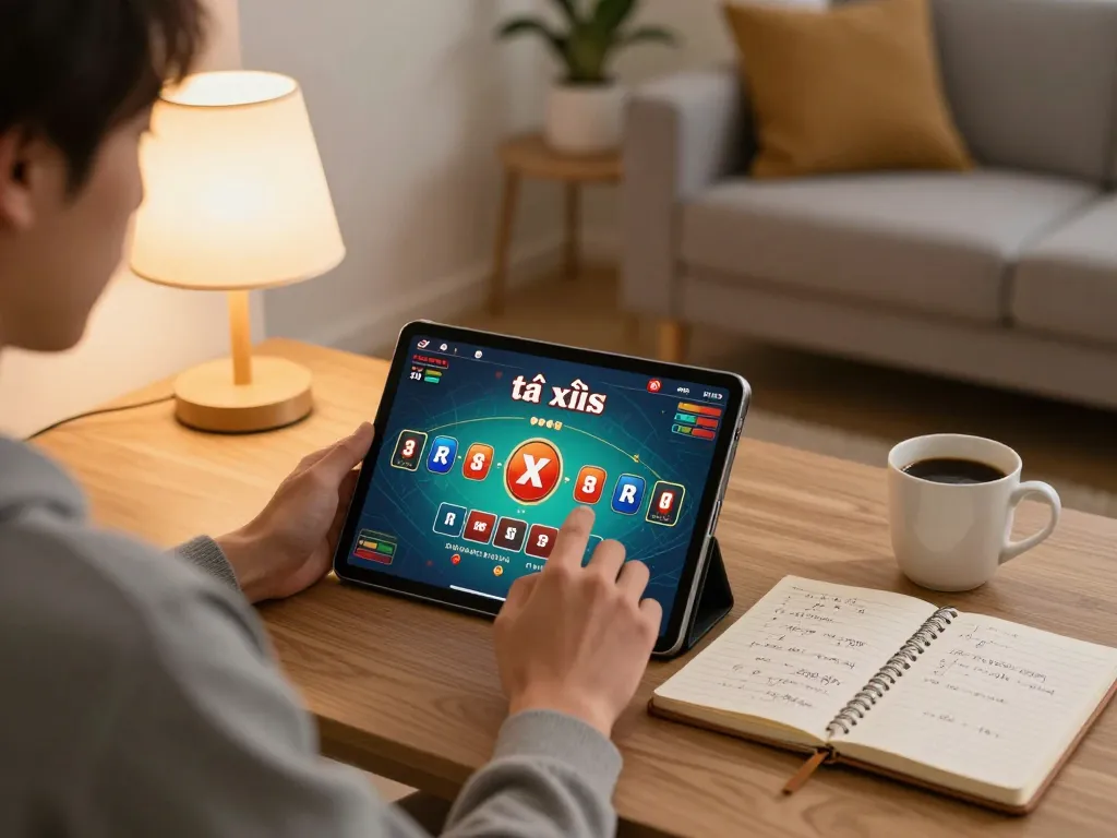 Player engaging in game tài xỉu on a tablet in a cozy home setup while strategizing.