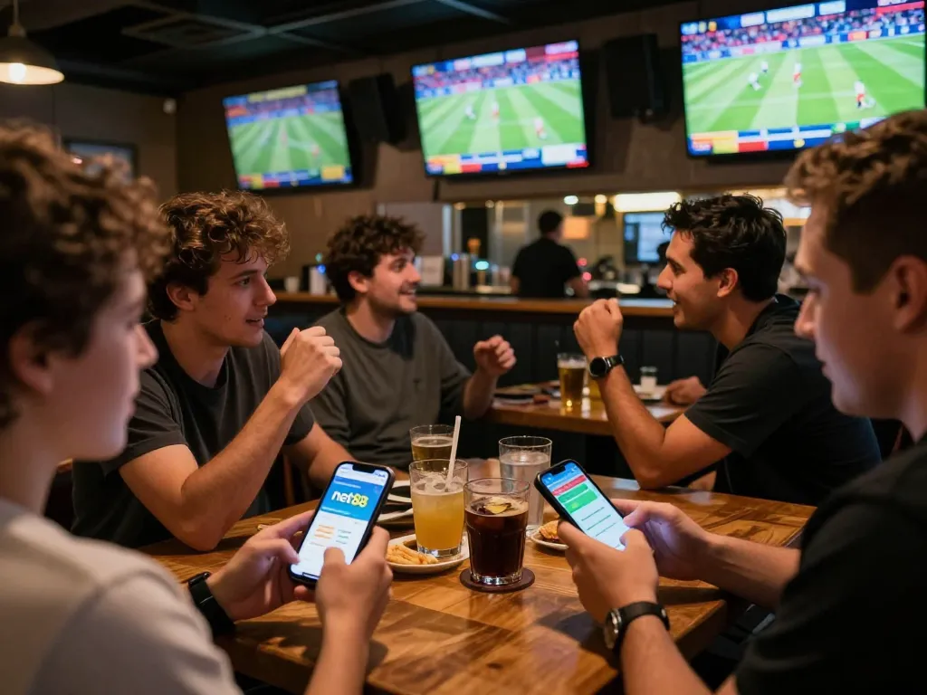 Engaging sports betting at net88 app in vibrant bar with friends.