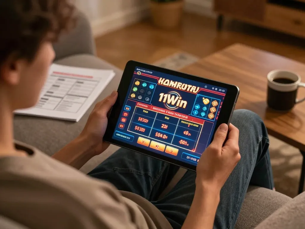 Engage in online casino gameplay at 11Win with a cozy setup, highlighting a player strategizing.