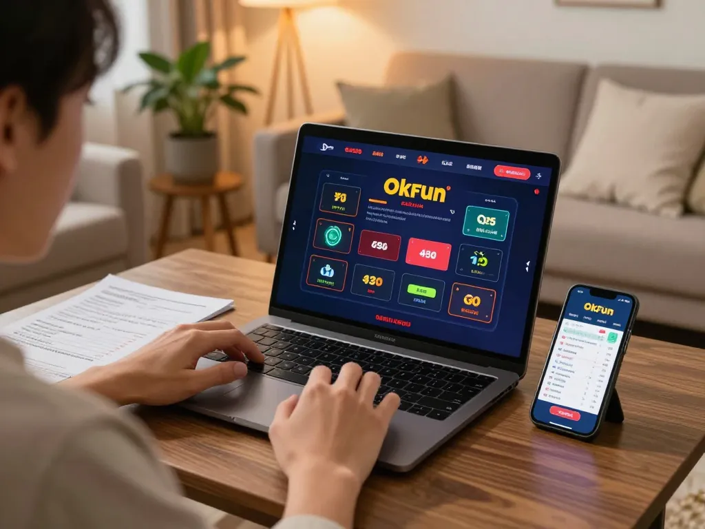 Engaged user navigating the Okfun casino platform for online betting strategies in a cozy home environment