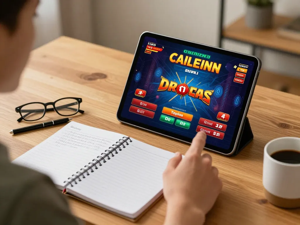 Vic88 player engaging in online casino gaming at home with tablet and strategic notes