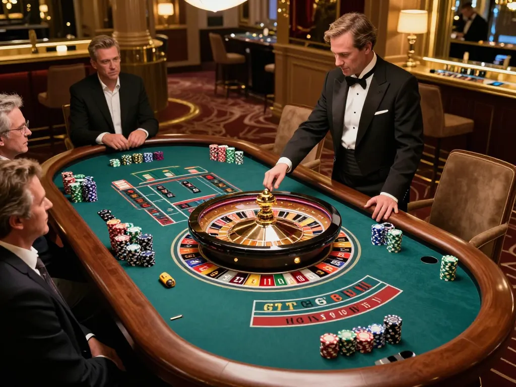 Players place bets at a roulette table in an upscale casino, enjoying mm88bet gaming experience.