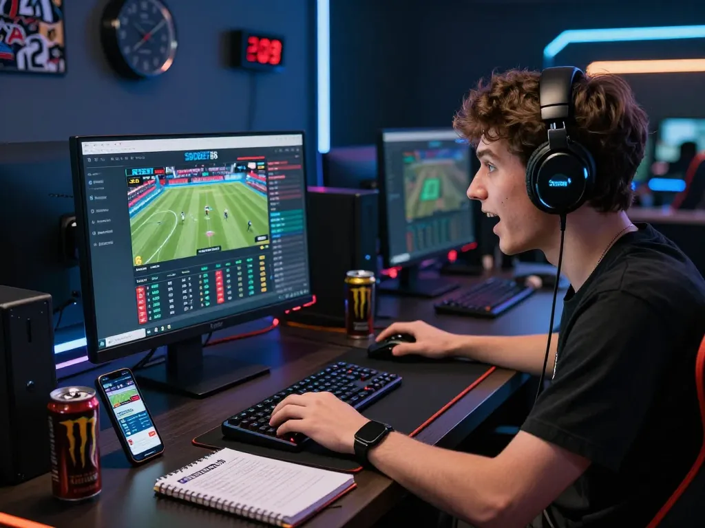 SBOBET88 online betting scene featuring a competitive environment with a young adult analyzing odds and sports updates.