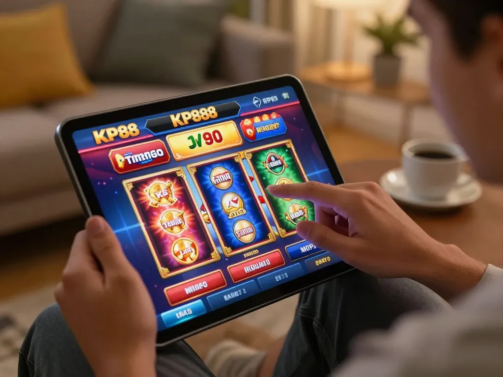 Experience exciting online gaming with link KP88 on a tablet, showcasing vibrant slot games and engaging promotions.
