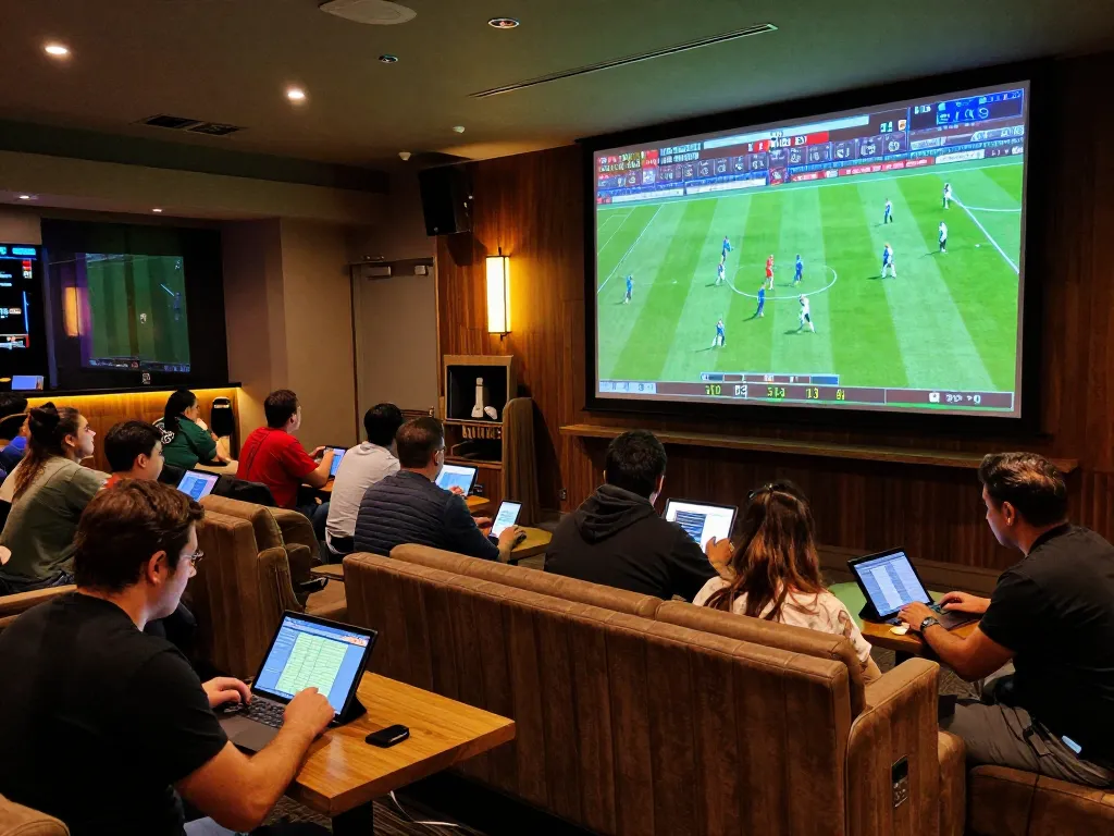 Betting enthusiasts analyzing tỷ lệ kèo in a lively sports lounge with multiple screens.