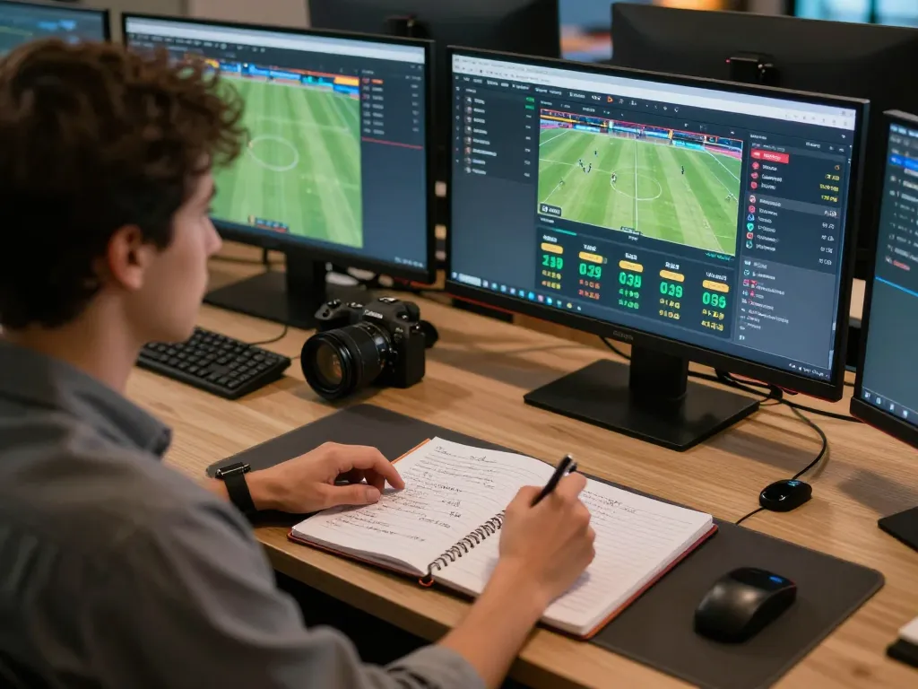 Engaged user analyzing live sports data on mm88bet while preparing strategic betting notes.