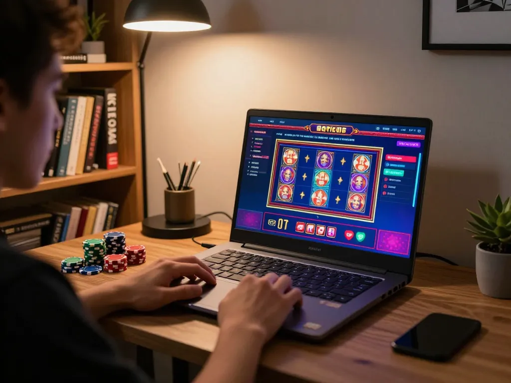 Player engaging with online sunwingo casino interface on a stylish home setup during an exciting gaming session