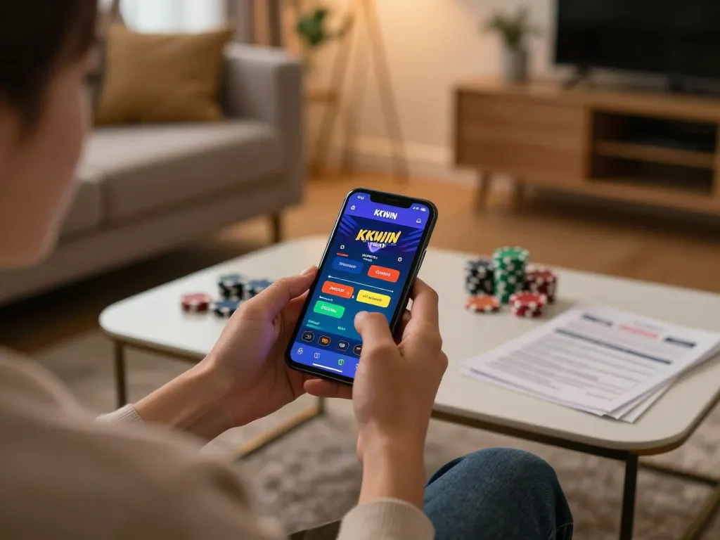 Engaging with the TRANG CHỦ KKWIN app for online gambling in a cozy atmosphere, showcasing responsible gaming.