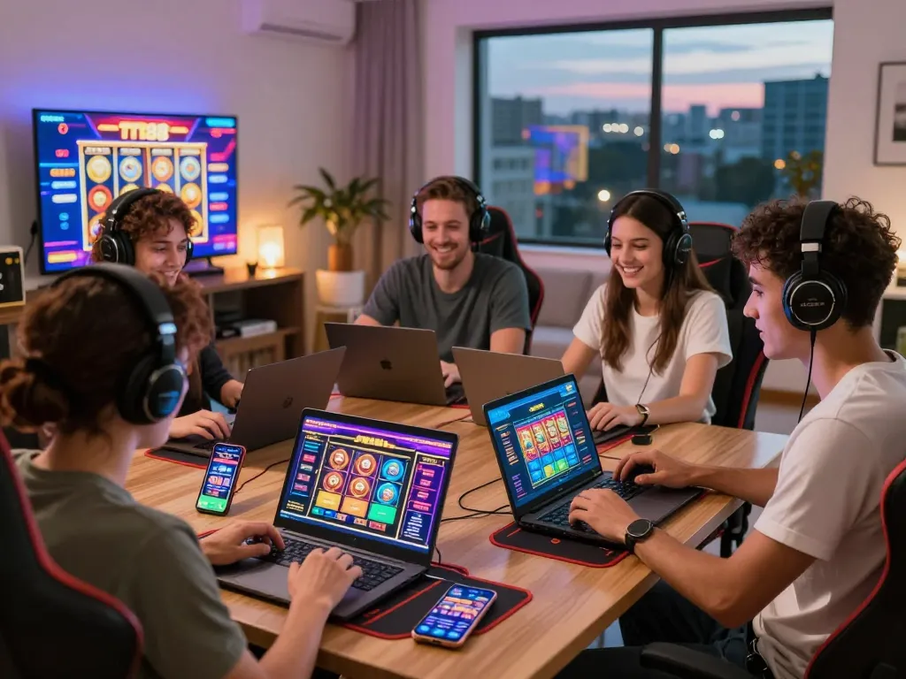 Friends enjoying online betting at TT88 with laptops and vibrant game displays.