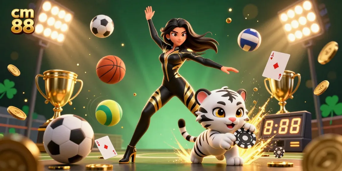 Engaging scene showcasing cm 88 with a stunning acrobat in a catsuit, baby tiger playing, and sports betting elements.