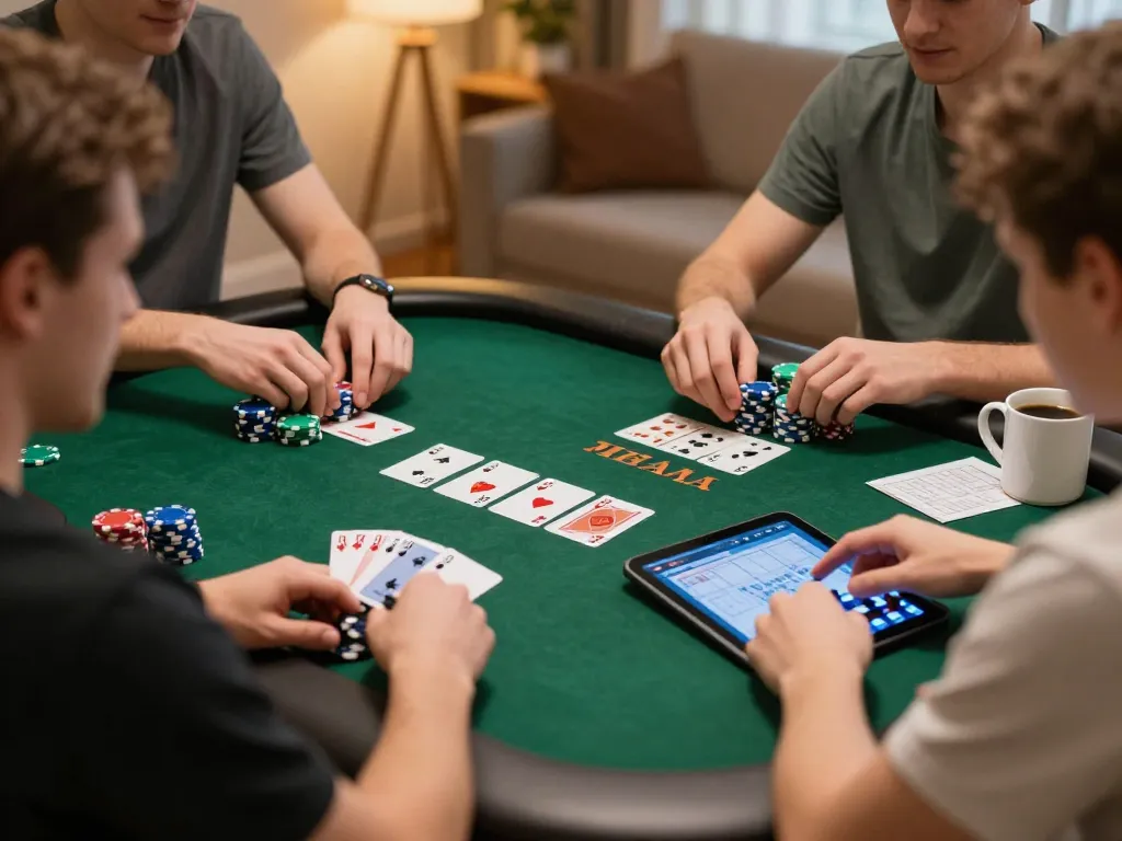 Sunwin players enjoying a strategic online poker game on a tablet in a cozy setting.