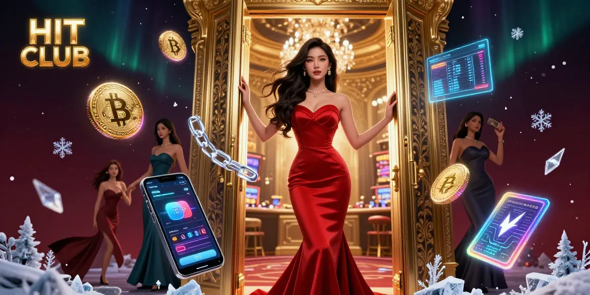 Experience the HIT CLUB with vibrant, dynamic elements surrounding a stunning Asian woman in a luxurious casino doorway.