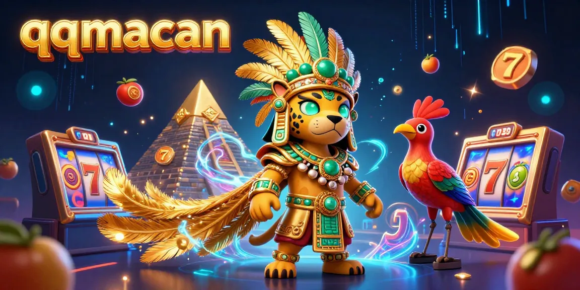 Experience thrilling wins at qqmacan with a dynamic scene featuring Mayan characters and casino elements.