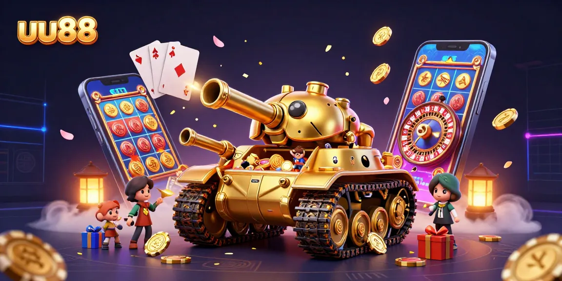Engage with uu88's vibrant betting universe inside a golden cartoon beetle tank revealing a mini casino.