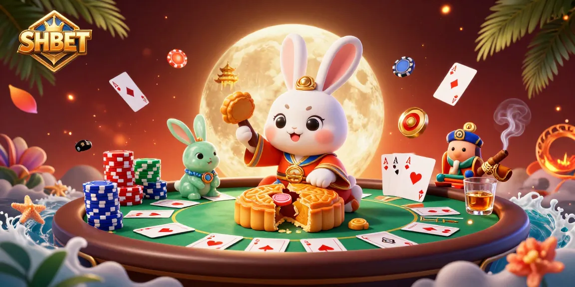 Experience SHBET's vibrant gaming world with poker chips and moon rabbit characters in a captivating casino scene.
