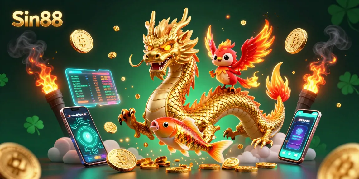 Sin88 offers dynamic slots with a golden dragon, phoenix, and koi fish in a vibrant casino scene.