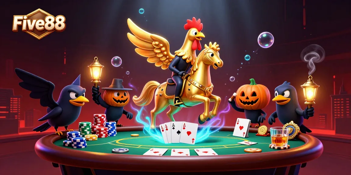 Experience the excitement of Five88 online casino with golden rooster, poker tables, and vibrant game elements.