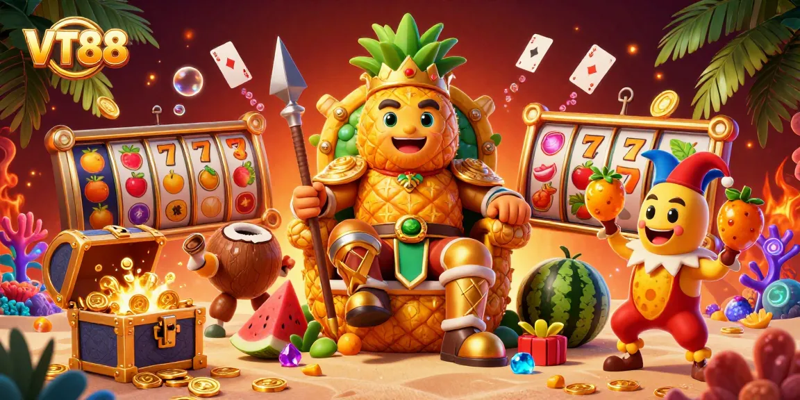 VT88 golden pineapple king and tropical characters celebrate casino winning moments with vibrant, dynamic elements.