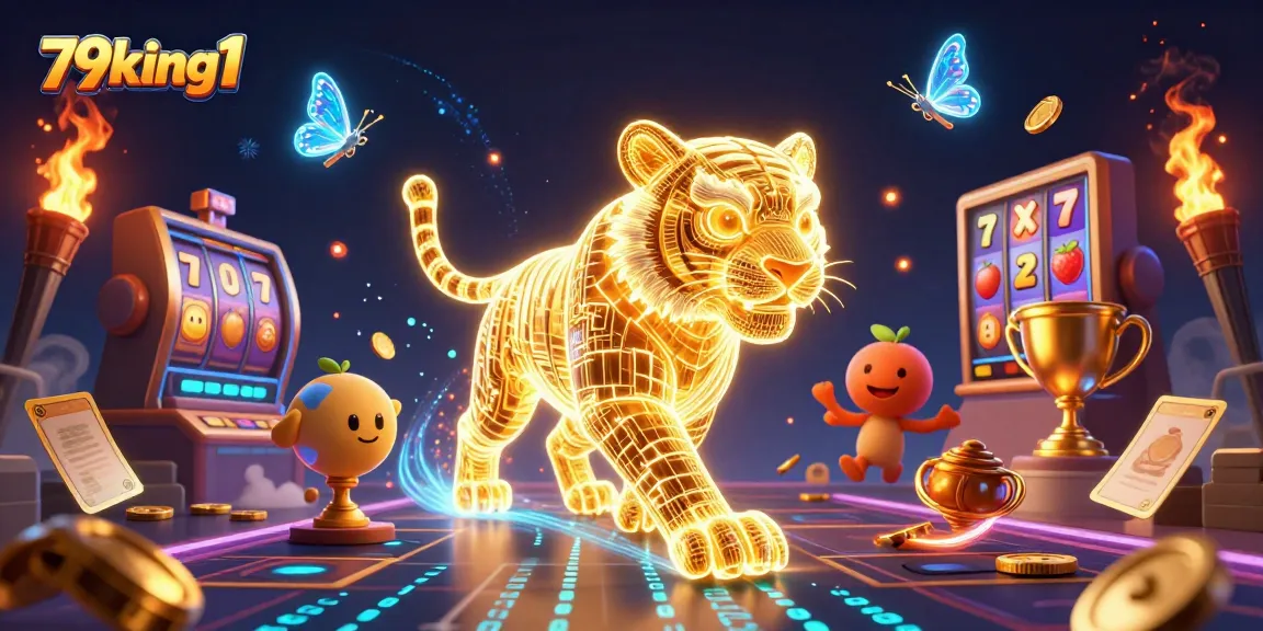 Experience thrilling gaming at 79king1 with vibrant slots, a golden tiger, and dynamic casino elements.