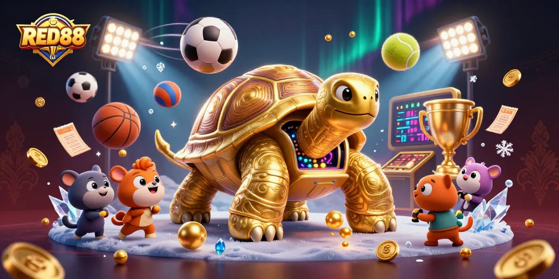 Engage with RED88’s thrilling gaming experience featuring a vibrant pinball tortoise and dynamic sports elements.