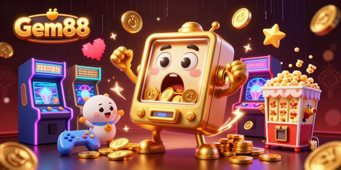 Spin to win with Gem88 in a vibrant casino scene showcasing joyous slot machines and golden rewards.