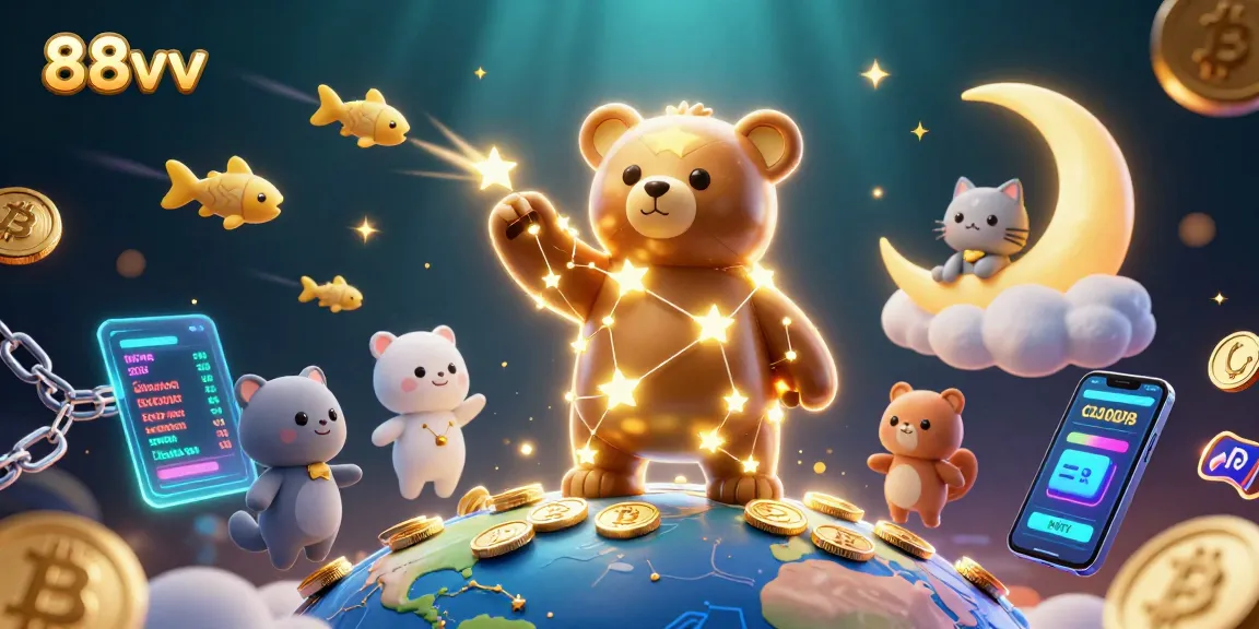 Engage with 88vv, featuring an enchanting scene of a constellation bear and crypto elements in a vibrant casino setting.