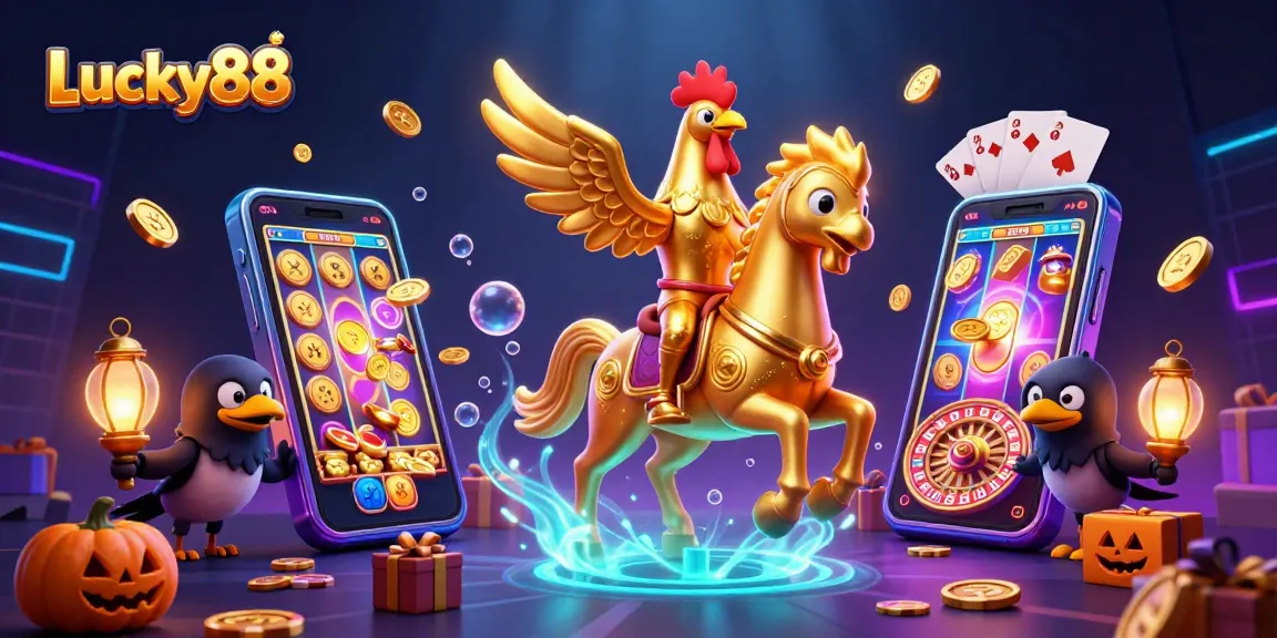 Experience the thrill of Lucky88 with a golden rooster in a vivid casino setting, celebrating big wins!
