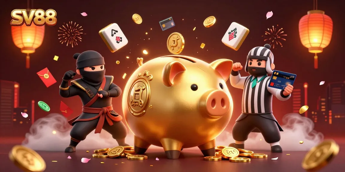 SV88 showcases thrilling action with a golden piggy bank sumo wrestler surrounded by vibrant casino elements.