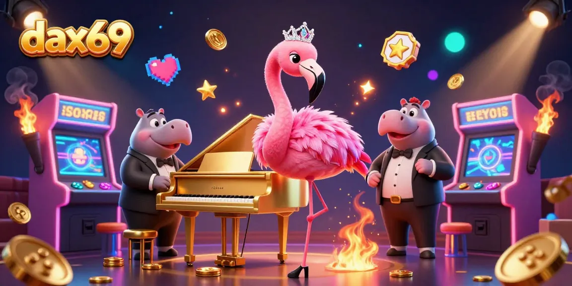 Dax69 menghadirkan aksi seru dengan penyanyi flamingo di panggung kasino, dikelilingi mesin permainan dan koin berkilau.