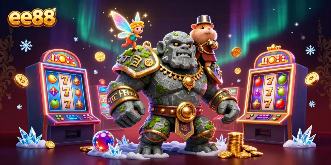 Play thrilling games at ee88, featuring a magical golem and enchanting characters in a vibrant casino setting.