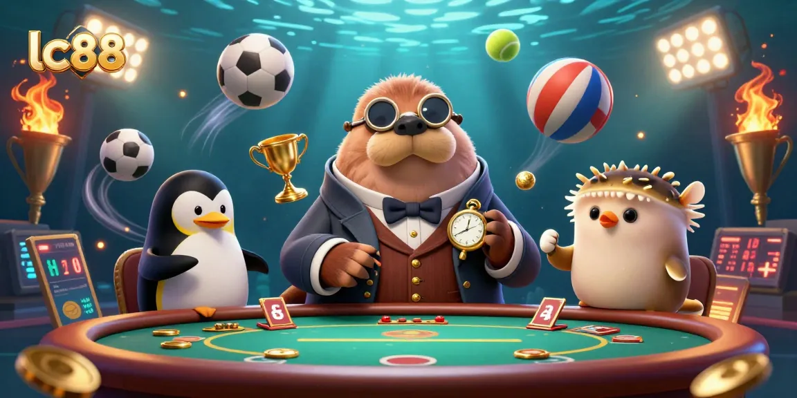 Experience the thrill of lc88's underwater poker with a jolly walrus, sophisticated dealer, and a bluffing pufferfish.