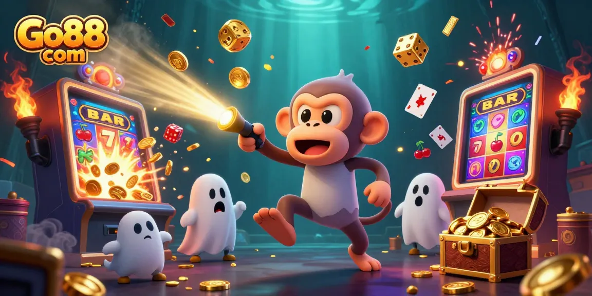 Engage with Go88 com's thrilling casino experience featuring a playful poltergeist monkey juggling golden treasures.