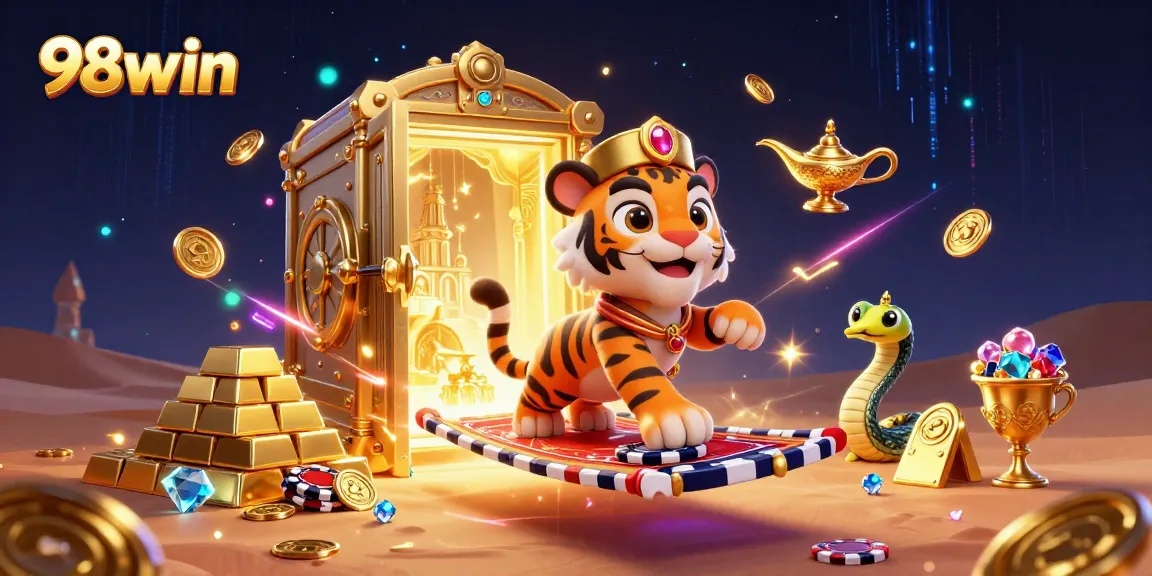 Experience the excitement of 98win with an enchanting Arabian Nights scene featuring a sultan and treasures.