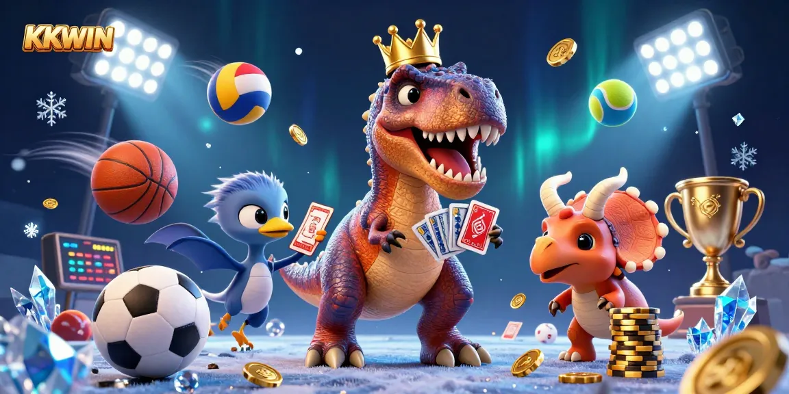 Experience thrilling gaming at KKWIN with our lively cartoon scene featuring casino elements and friendly dinosaurs.